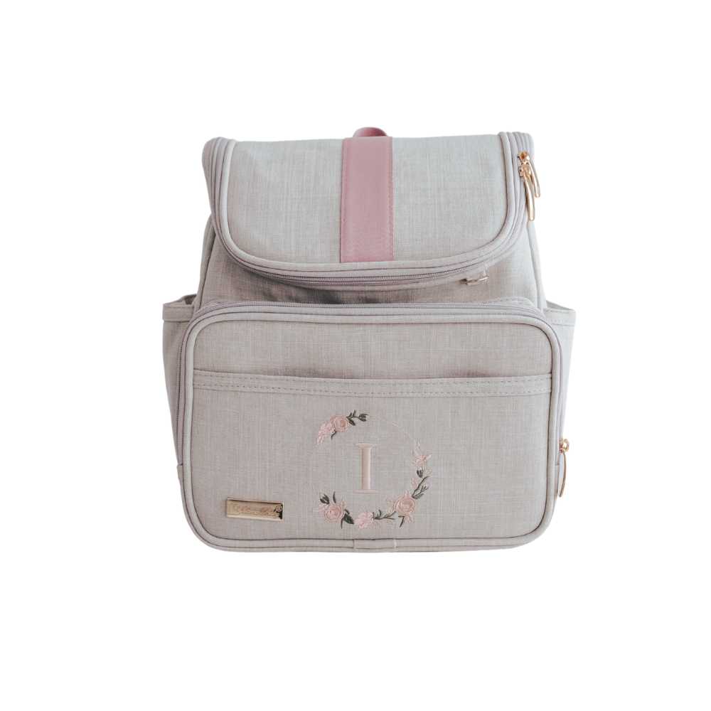 Mochila Maternidade Personalizada Linho cru com Rose | Coleção Elegance
